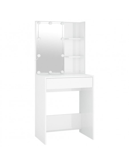 Toeletta LED con 2 Armadietti Legno Multistrato Bianco Lucido