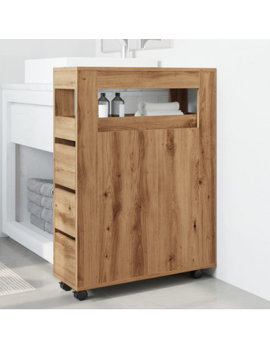 Mobile da Bagno Stretto con Ruote Rovere Artigianale Truciolato