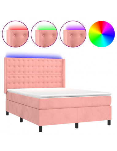 Letto a Molle con Materasso e LED Rosa 140x190 cm in Velluto