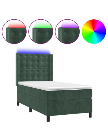 Letto a Molle con Materasso e LED Verde Scuro 100x200cm Velluto