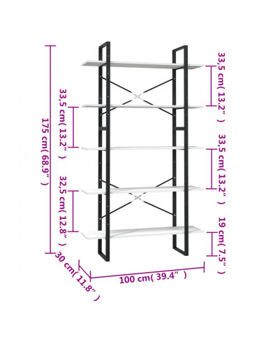 Libreria a 5 Ripiani Bianca 100x30x175 cm in Legno di Pino