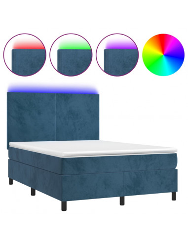 Letto a Molle con Materasso e LED Blu Scuro 140x190 cm