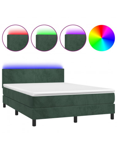 Letto a Molle con Materasso e LED Verde Scuro 140x200cm Velluto