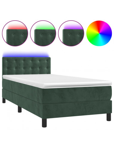 Letto a Molle con Materasso e LED Verde Scuro 90x200cm Velluto