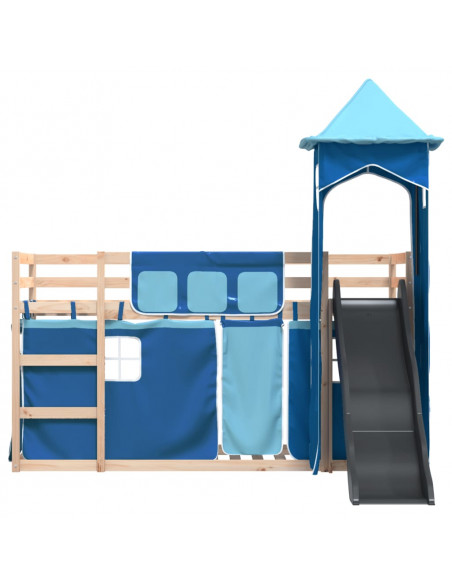 Letto a Castello con Scivolo e Tende Blu 90x200 cm