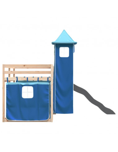 Letto a Castello con Scivolo e Tende Blu 90x200 cm