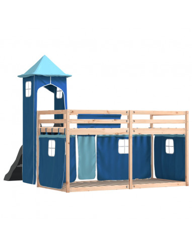 Letto a Castello con Scivolo e Tende Blu 90x200 cm