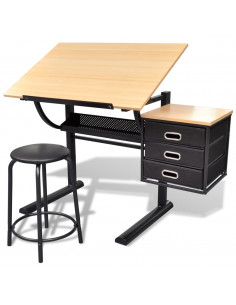 Tavolo da Disegno Inclinabile con 3 Cassetti e Sgabello 2