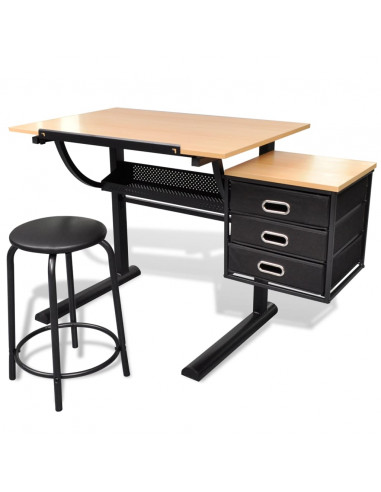 Tavolo da Disegno Inclinabile con 3 Cassetti e Sgabello