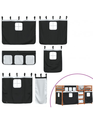 Letto a Castello con Tende Bianco e Nero 90x190cm Massello Pino