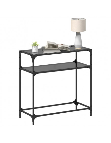 Tavolino Consolle con Piano in Vetro Nero 80x35x81cm in Acciaio