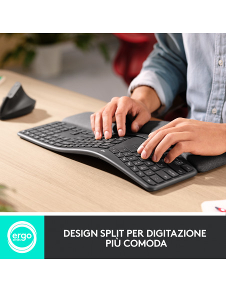 Logitech ERGO K860 Wireless Split Keyboard - Tastiera Ergonomica Wireless, Poggiapolsi, Connettività Bluetooth e USB, Compatibi