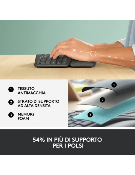 Logitech ERGO K860 Wireless Split Keyboard - Tastiera Ergonomica Wireless, Poggiapolsi, Connettività Bluetooth e USB, Compatibi