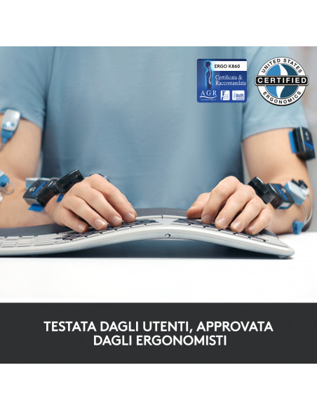 Logitech ERGO K860 Wireless Split Keyboard - Tastiera Ergonomica Wireless, Poggiapolsi, Connettività Bluetooth e USB, Compatibi