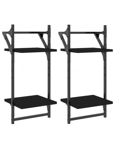 Mensole da Parete 2 Livelli con Aste 2 pz Nere 30x25x65 cm