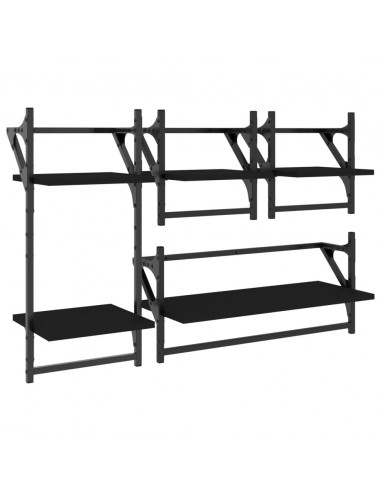 Set Mensole da Parete con Aste 4pz Nero in Legno Multistrato