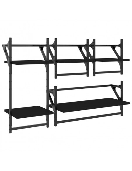 Set Mensole da Parete con Aste 4pz Nero in Legno Multistrato