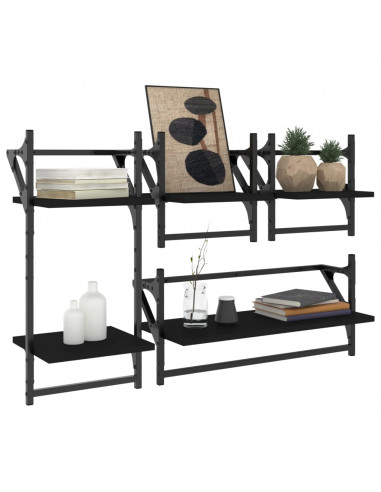 Set Mensole da Parete con Aste 4pz Nero in Legno Multistrato