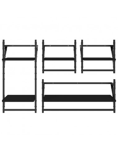 Set Mensole da Parete con Aste 4pz Nero in Legno Multistrato