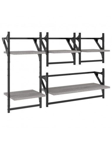 Set Mensole Parete con Aste 4pz Grigio Sonoma Legno Multistrato