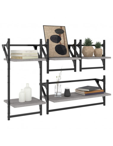 Set Mensole Parete con Aste 4pz Grigio Sonoma Legno Multistrato