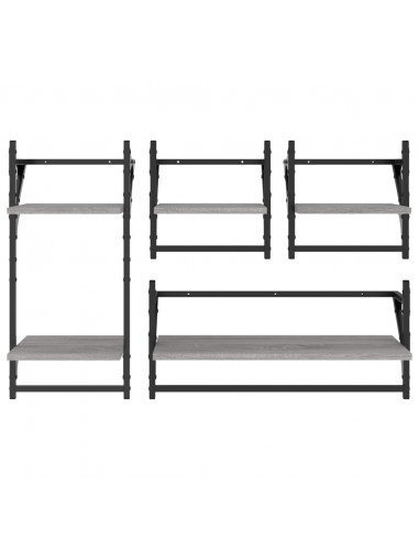 Set Mensole Parete con Aste 4pz Grigio Sonoma Legno Multistrato