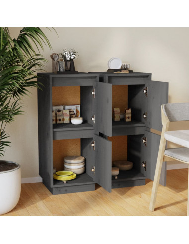 Credenze 2 pz Grigie 31,5x34x75 cm in Legno Massello di Pino