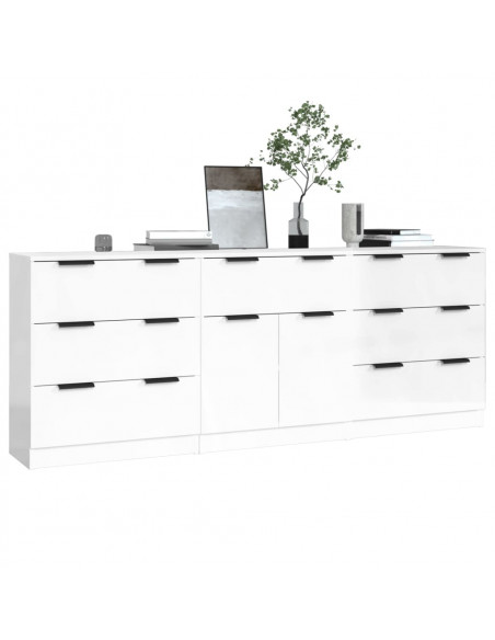 Credenze 3 pz Bianco Lucido in Legno Multistrato