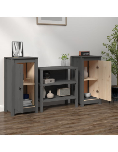 Credenze 2 pz Grigie 40x35x80 cm in Legno Massello di Pino