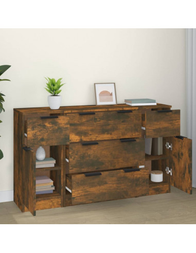 Set di Credenze 3 pz Rovere Fumo in Legno Multistrato