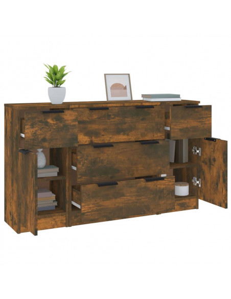 Set di Credenze 3 pz Rovere Fumo in Legno Multistrato