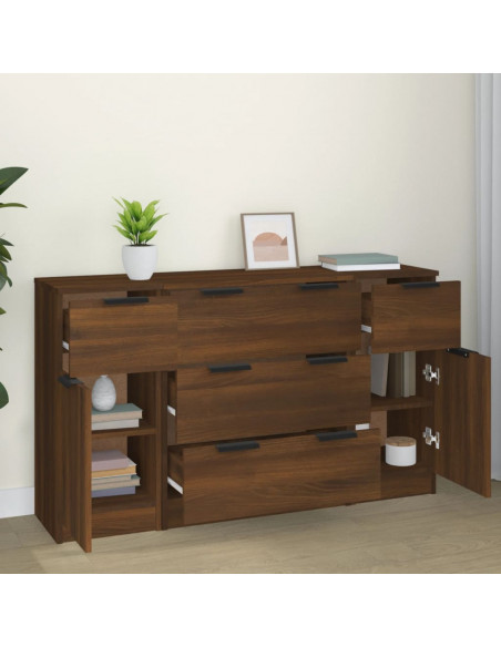 Set di Credenze 3 pz Rovere Marrone in Legno Multistrato