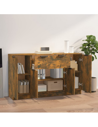 Credenze 3 pz Rovere Fumo in Legno Multistrato