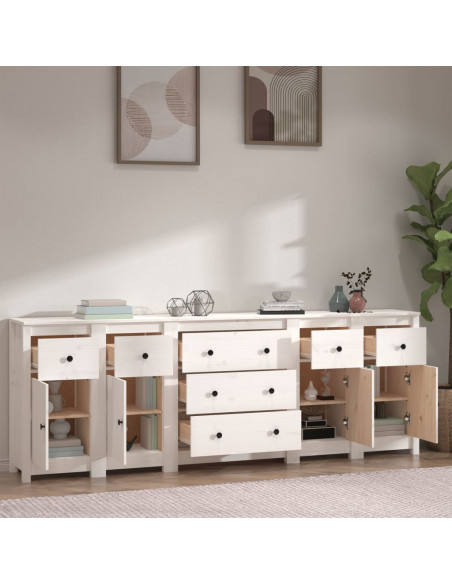Credenza Bianca 230x35x80 cm in Legno Massello di Pino