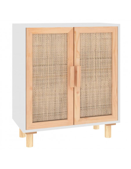 Credenza Bianca 60x30x70 cm Legno Massello Pino Rattan Naturale