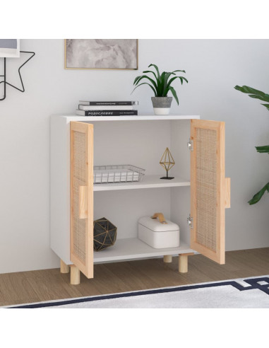 Credenza Bianca 60x30x70 cm Legno Massello Pino Rattan Naturale