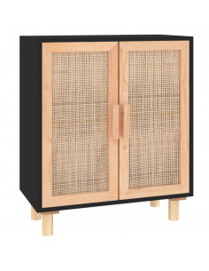 Credenza Nera 60x30x70 cm Legno Massello Pino e Rattan Naturale 2