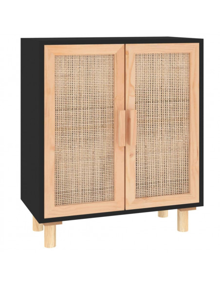 Credenza Nera 60x30x70 cm Legno Massello Pino e Rattan Naturale