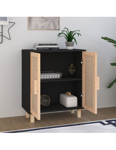 Credenza Nera 60x30x70 cm Legno Massello Pino e Rattan Naturale