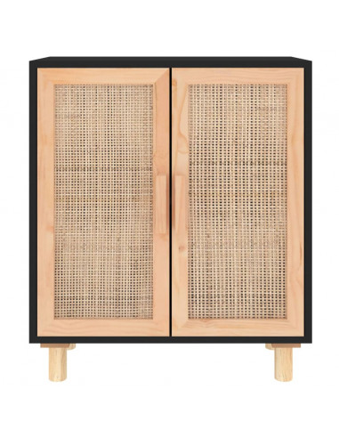 Credenza Nera 60x30x70 cm Legno Massello Pino e Rattan Naturale