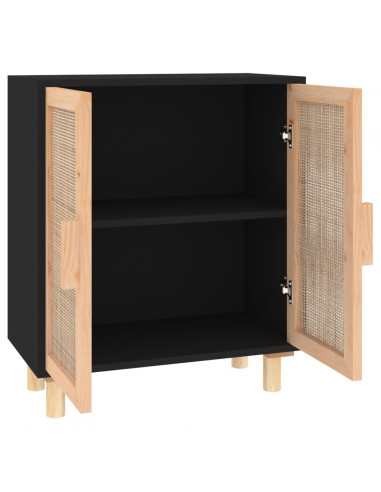 Credenza Nera 60x30x70 cm Legno Massello Pino e Rattan Naturale