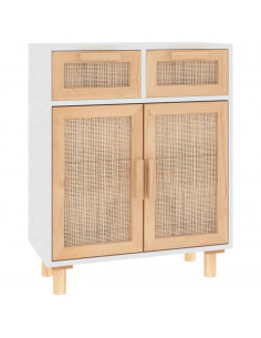 Credenza Bianca 60x30x75 cm Legno Massello Pino Rattan Naturale 2