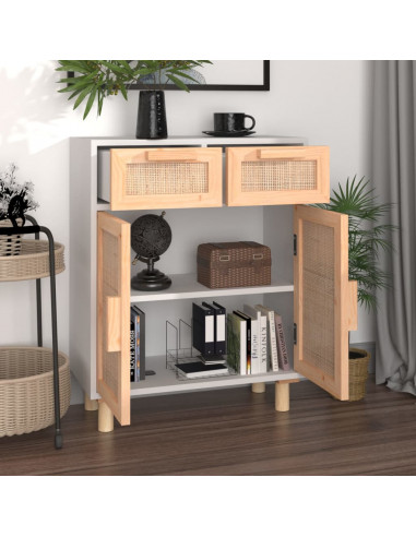 Credenza Bianca 60x30x75 cm Legno Massello Pino Rattan Naturale
