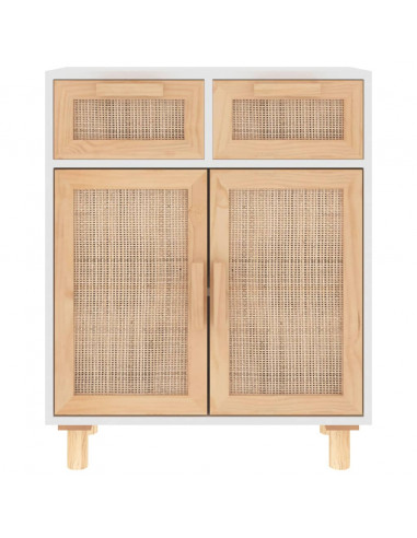 Credenza Bianca 60x30x75 cm Legno Massello Pino Rattan Naturale