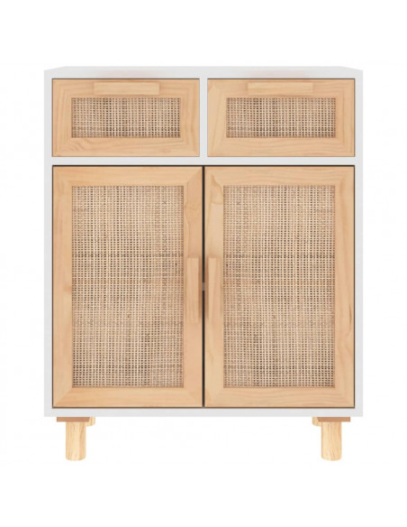 Credenza Bianca 60x30x75 cm Legno Massello Pino Rattan Naturale
