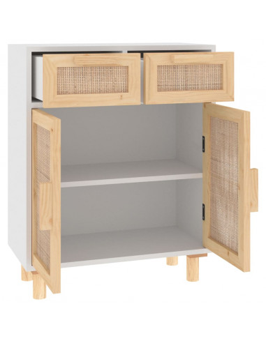 Credenza Bianca 60x30x75 cm Legno Massello Pino Rattan Naturale