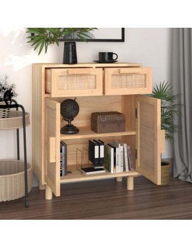 Credenza Marrone 60x30x75cm Legno Massello Pino Rattan Naturale