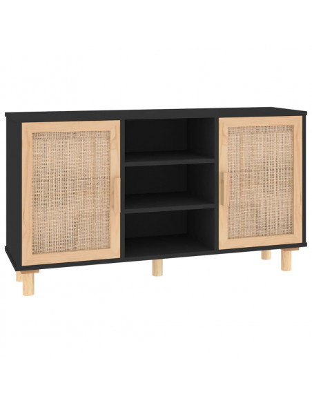 Credenza Nera 105x30x60cm Legno Massello Pino e Rattan Naturale