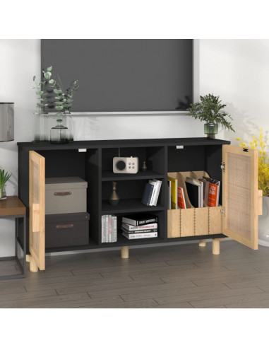 Credenza Nera 105x30x60cm Legno Massello Pino e Rattan Naturale