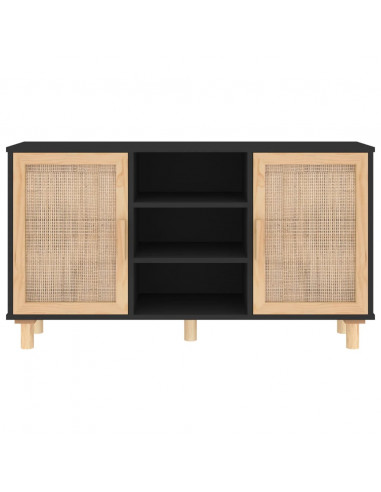 Credenza Nera 105x30x60cm Legno Massello Pino e Rattan Naturale